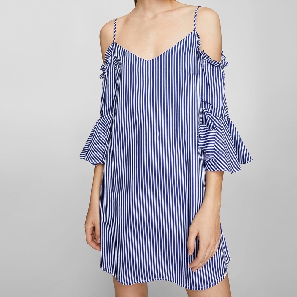Mango Blue & White A-Line Cold Shoulder Dress